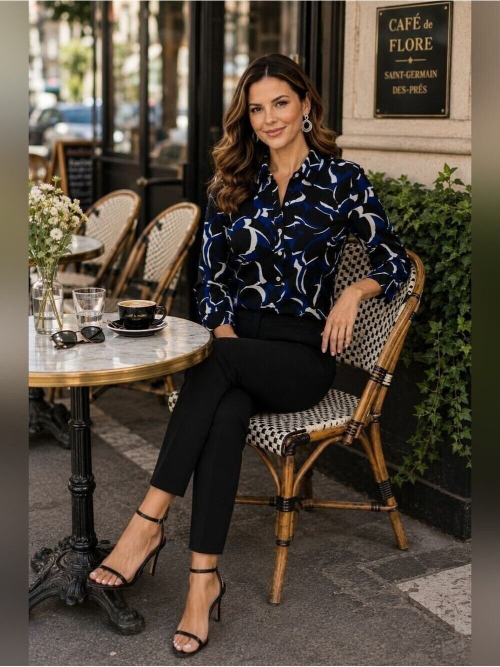 Chico's Blue Black Abstract Blouse Modern Career Office Top 0/6